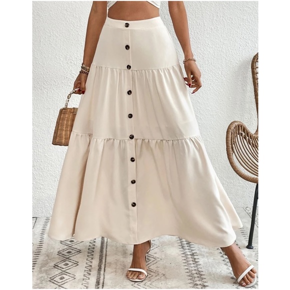 Solid High Waist Button Detail Ruffle Hem Maxi Skirt - Picture 3 of 16